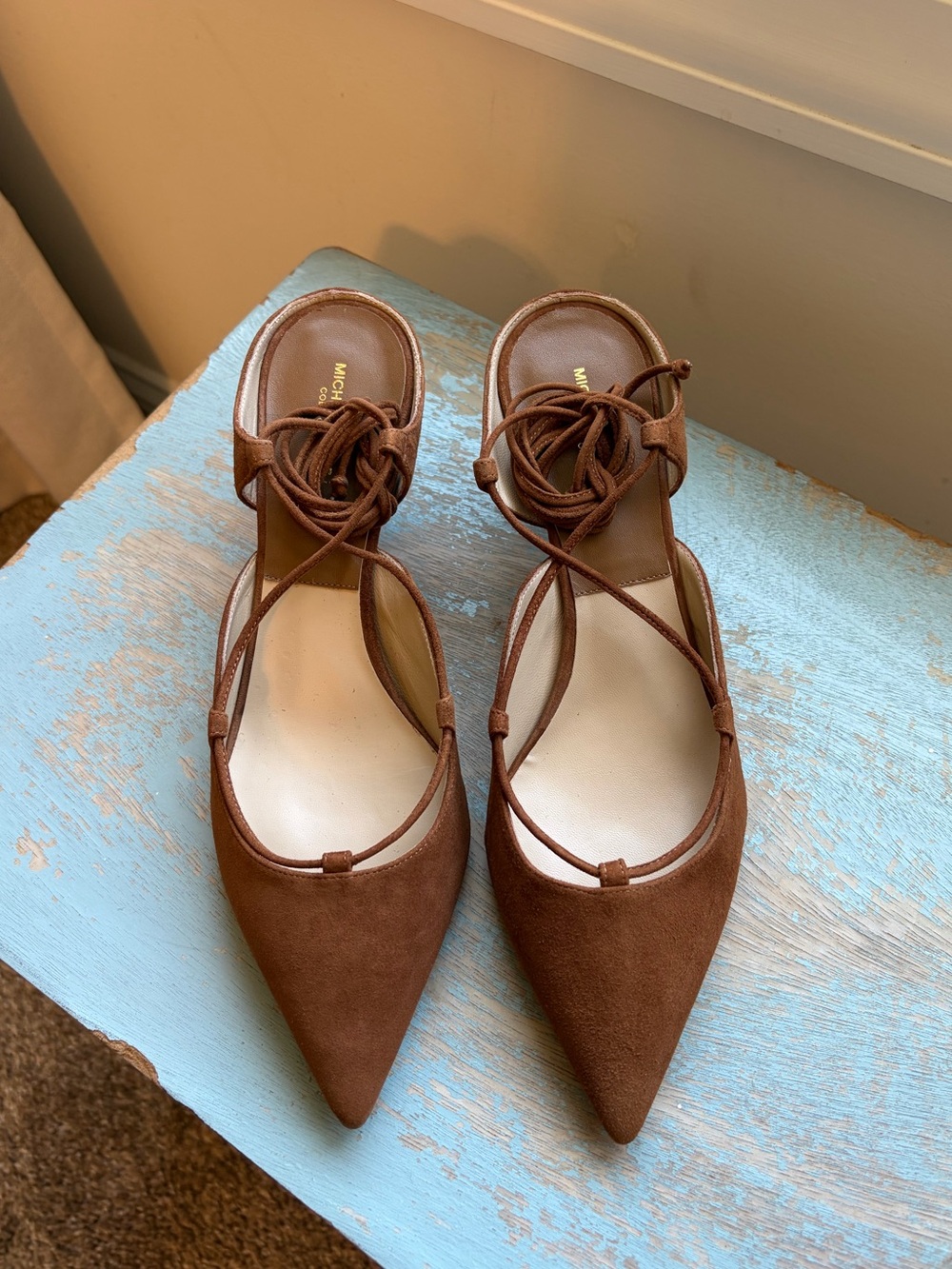 NWT Michael Kors Collection Somers Runway Suede Lace-Up Ballet Flats - Saddle
